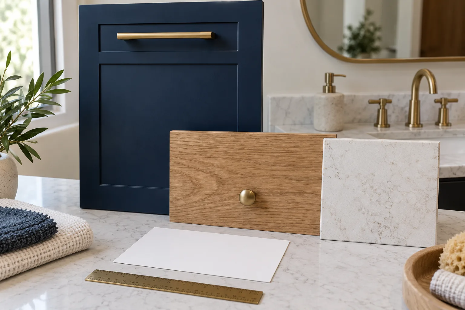 Navy cabinet door, oak and stone samples and brass hardware beside a bathroom vanity
